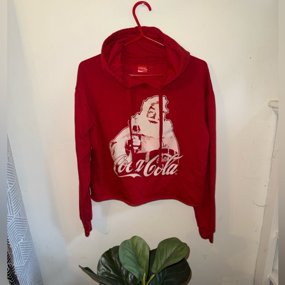 Coca Cola Coke Festive Red Cropped Hoodie with Santa Graphic Size L